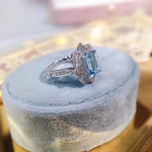Load image into Gallery viewer, 3Ct Emerald cut Halo Aquamarine ring, Aquamarine solitaire ring, natural aquamarine ring, genuine aquamarine emerald cut vintage ring