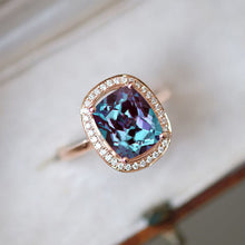 Load image into Gallery viewer, 3 Carat Alexandrite Ring, Alexandrite Engagement Ring, Rose Gold Alexandrite Ring, Elongated Cushion Cut Engagement Ring, Halo Alexandrite Ring
