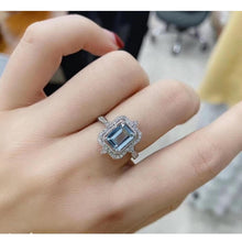 Load image into Gallery viewer, 3Ct Emerald cut Halo Aquamarine ring, Aquamarine solitaire ring, natural aquamarine ring, genuine aquamarine emerald cut vintage ring