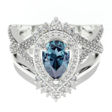 Load image into Gallery viewer, 14K Solid Gold Ring 1.5CT Pear Black Moissanite or Alexandrite Halo Engagement Ring. Vintage Anniversary Eternity Gold Ring Set