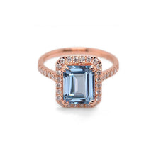 Load image into Gallery viewer, 3Ct Emerald cut Halo Aquamarine ring, Genuine Aquamarine ring, Vintage Genuine Aquamarine ring