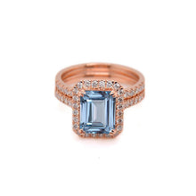 Load image into Gallery viewer, 3Ct Emerald cut Halo Aquamarine ring, Genuine Aquamarine ring, Vintage Genuine Aquamarine ring