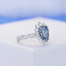 Load image into Gallery viewer, Pear 9x7 Blue Halo Engagement Ring, Blue Promise Ring For Her, Blue Moissanite Wedding Ring, Pear Moissanite Engagement Ring, 14K Gold