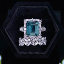 Load image into Gallery viewer, 5 Carat Teal Sapphire Engagement Ring Halo Radiant Cut Teal Sapphire Engagement Ring, Radiant Cut Teal Sapphire Engagement Ring with Eternity Band