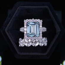 Load image into Gallery viewer, 5 Carat Aquamarine Engagement Ring Halo Radiant Cut Aquamarine Engagement Ring, Radiant Cut Aquamarine Engagement Ring with Eternity Band