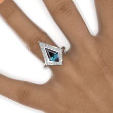 Load image into Gallery viewer, 2.5 Carat Kite Alexandrite Halo Engagement Ring. 2.5CT Fancy Shape Bezel Alexandrite Ring
