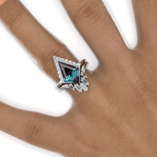 Load image into Gallery viewer, 2.5 Carat Kite Alexandrite Halo Engagement Ring Set. 2.5CT Fancy Kite Shape Bezel Alexandrite Ring Set