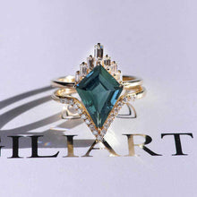 Load image into Gallery viewer, 14K Gold 4 Carat Kite Teal Sapphire Halo Engagement Ring, Eternity Ring Set