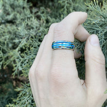 Load image into Gallery viewer, BLUE OPAL: Center blue opal inlay, makes the ring brilliant and beautiful. ABALONE SHELL: Abalone