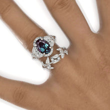 Load image into Gallery viewer, 2 Carat Oval Alexandrite Halo Floral Engagement Ring Eternity Ring Set
