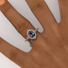 Load image into Gallery viewer, 14K Solid Gold Ring 1.5CT Oval Halo Alexandrite Wedding Ring Stone Engagement Ring Anniversary Ring Yellow White Gold Ring Pave Set Colar
