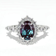 Load image into Gallery viewer, 14K Solid Gold Ring 1.5CT Oval Halo Alexandrite Wedding Ring Stone Engagement Ring Anniversary Ring Yellow White Gold Ring Pave Set Colar