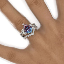Load image into Gallery viewer, 3 Carat Pear Alexandrite Halo Floral Engagement Ring 14K White Gold Ring Set