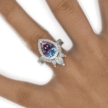 Load image into Gallery viewer, 3 Carat Pear Alexandrite Halo Engagement Ring 14K White Gold Ring Set