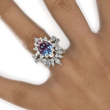 Load image into Gallery viewer, 3 Carat Pear Alexandrite Halo Floral Engagement Ring 14K White Gold Ring Set