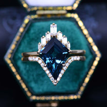 Load image into Gallery viewer, 14K Gold 5 Carat Kite Teal Sapphire Halo Engagement Ring, Eternity Ring Set