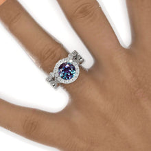 Load image into Gallery viewer, 2 Carat Round Alexandrite Halo Twisted Shank Engagement Ring, Eternity Ring Set