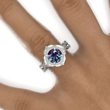Load image into Gallery viewer, 2 Carat Round Alexandrite Floral Halo Twisted Shank Engagement Ring