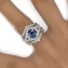 Load image into Gallery viewer, 2 Carat Round Alexandrite Halo 14K White Gold Twisted Shank Engagement Ring Set