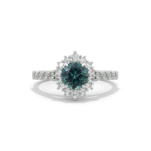 Load image into Gallery viewer, 14K White Gold 1 Carat Round Teal Sapphire Halo Engagement Ring