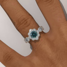 Load image into Gallery viewer, 14K White Gold 1 Carat Round Teal Sapphire Halo Engagement Ring