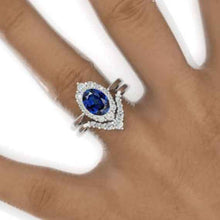 Load image into Gallery viewer, 3 Carat Oval Royal Blue Sapphire Halo Engagement Ring, Promise Ring For Her, Sapphire Wedding Ring, 14K Gold Oval Sapphire Engagement Ring Set