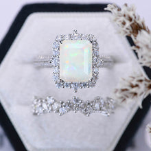 Load image into Gallery viewer, 3Ct White Opal Engagement Ring Halo Emerald Cut Opal Engagement Ring, 9x7mm Step Cut White Opal Engagement Ring with Eternity Band