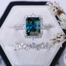 Load image into Gallery viewer, 3Ct Teal Sapphire Engagement Ring Halo Emerald Cut Teal Sapphire Engagement Ring, 9x7mm Step Cut Teal Sapphire Engagement Ring