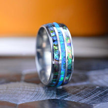 Load image into Gallery viewer, Genuine Australian Blue Fire Opal with Abalone Shell Titanium Ring For Him For Her
