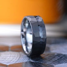 Load image into Gallery viewer, Black Hammered Brushed Tungsten Carbide Ring with Black Enamel Strip
