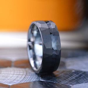 Black Hammered Brushed Tungsten Carbide Ring with Black Enamel Strip