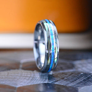 Genuine Australian Blue Fire Opal with Abalone Shell Tungsten Ring