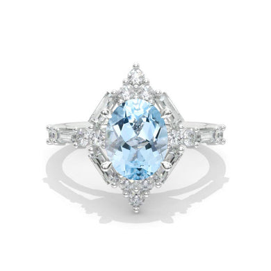 14K Solid Gold Ring 2CT Oval Halo Genuine Aquamarine Vintage Wedding Ring. Engagement Ring Anniversary Ring, Baguette Halo Ring