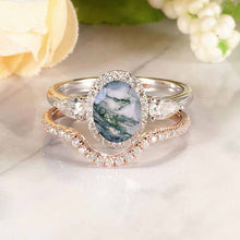 Load image into Gallery viewer, 14K  Gold 1.5 Carat Oval Genuine Moss Agate Halo Engagement Ring Eternity Ring Set
