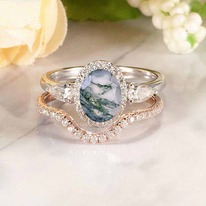 14K  Gold 1.5 Carat Oval Genuine Moss Agate Halo Engagement Ring Eternity Ring Set