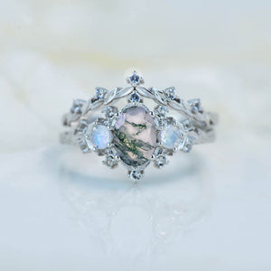 1 Carat Oval Genuine Moss Agate Halo 14K White Gold Floral Engagement Ring Set