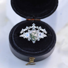 Load image into Gallery viewer, 1 Carat Oval Genuine Moss Agate Halo 14K White Gold Floral Engagement Ring Set
