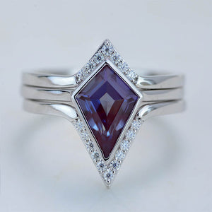 14K White Gold 3 Carat Kite Alexandrite Bezel Engagement Ring, Three Rings Set