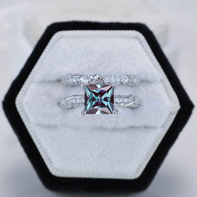 2 Carat Princess Cut Alexandrite White Gold Floral Engagement Ring Set