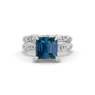 2 Carat Princess Cut Teal Sapphire White Gold Floral Engagement Ring Set