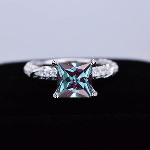 4Ct Alexandrite Engagement Ring Set, Solitaire Princess Cut Alexandrite Engagement Ring, Floral Eternity Ring Set