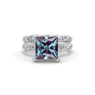 2 Carat Princess Cut Ethically LAB-Grown Alexandrite White Gold Floral Engagement Ring Set