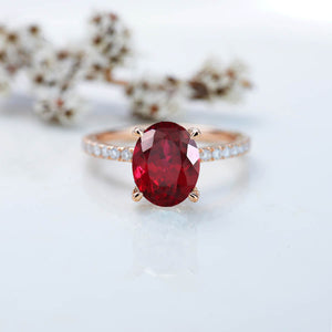 3 Carat Ruby Oval Cut Hidden Halo Rose Gold Engagement  Ring