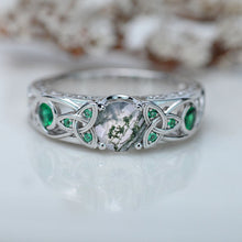 Load image into Gallery viewer, Ring Genuine Moss Agate Celtic Engagement Ring 14K White Gold

