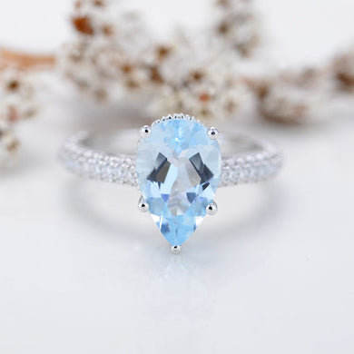 4 Carat Pear Cut Aquamarine Hidden Halo Gold Engagement Ring