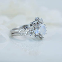 Load image into Gallery viewer, 1 Carat Oval Moonstone Halo 14K White Gold Floral Engagement Ring Set
