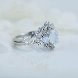 1 Carat Oval Moonstone Halo 14K White Gold Floral Engagement Ring Set