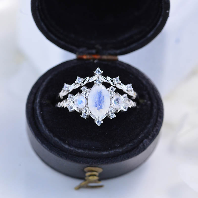 1 Carat Oval Moonstone Halo 14K White Gold Floral Engagement Ring Set