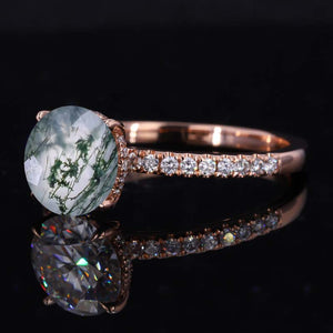 2 Carat Round Hidden Halo Genuine Moss Agate Rose Gold Engagement Ring