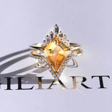 Load image into Gallery viewer, 14K Gold 4 Carat Kite Citrine Halo Engagement Ring, Eternity Ring Set
